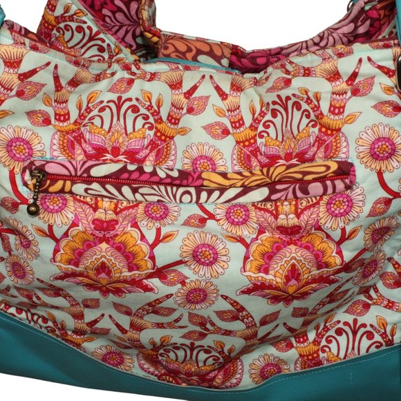 Karried Astray Teal Green Faux Leather Floral Fabric Satchel Shoulder Purse - Picture 10 of 14